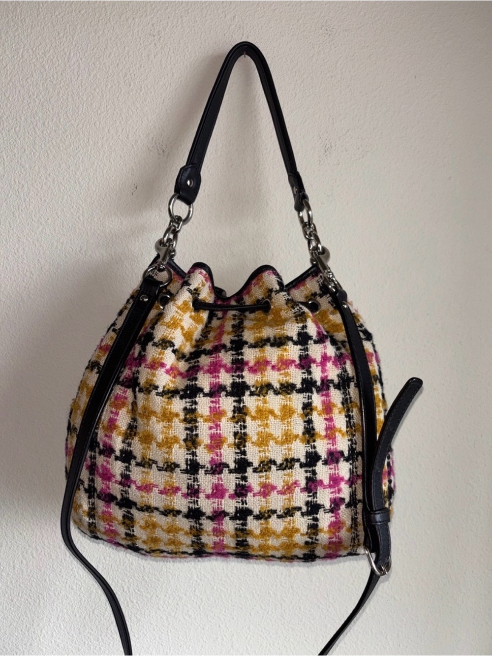 Coach Multicolor Tweed Drawstring Hobo with Black Leather Trim - Picture 4 of 11